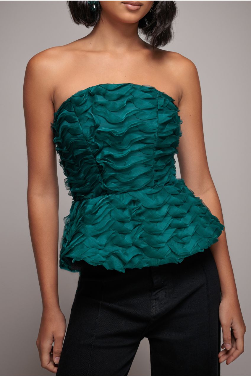 Goddiva Peplum 3D Textured Boob Tube Lace Up Corset - Emerald Green