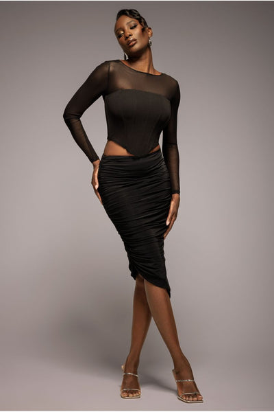 Black - Goddiva Side Gathered Asymmetric Midi Skirt - Black