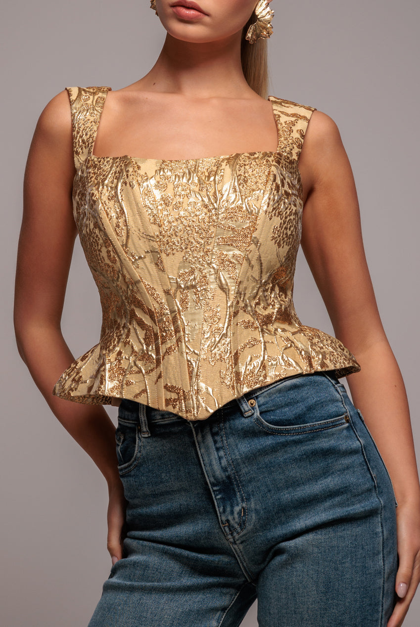 Goddiva Sleeveless Jacquard Lace Up Back Corset - Gold