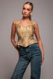 Goddiva Sleeveless Jacquard Lace Up Back Corset - Gold