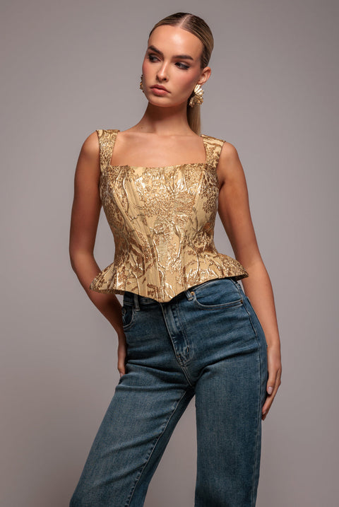 Goddiva Sleeveless Jacquard Lace Up Back Corset - Gold