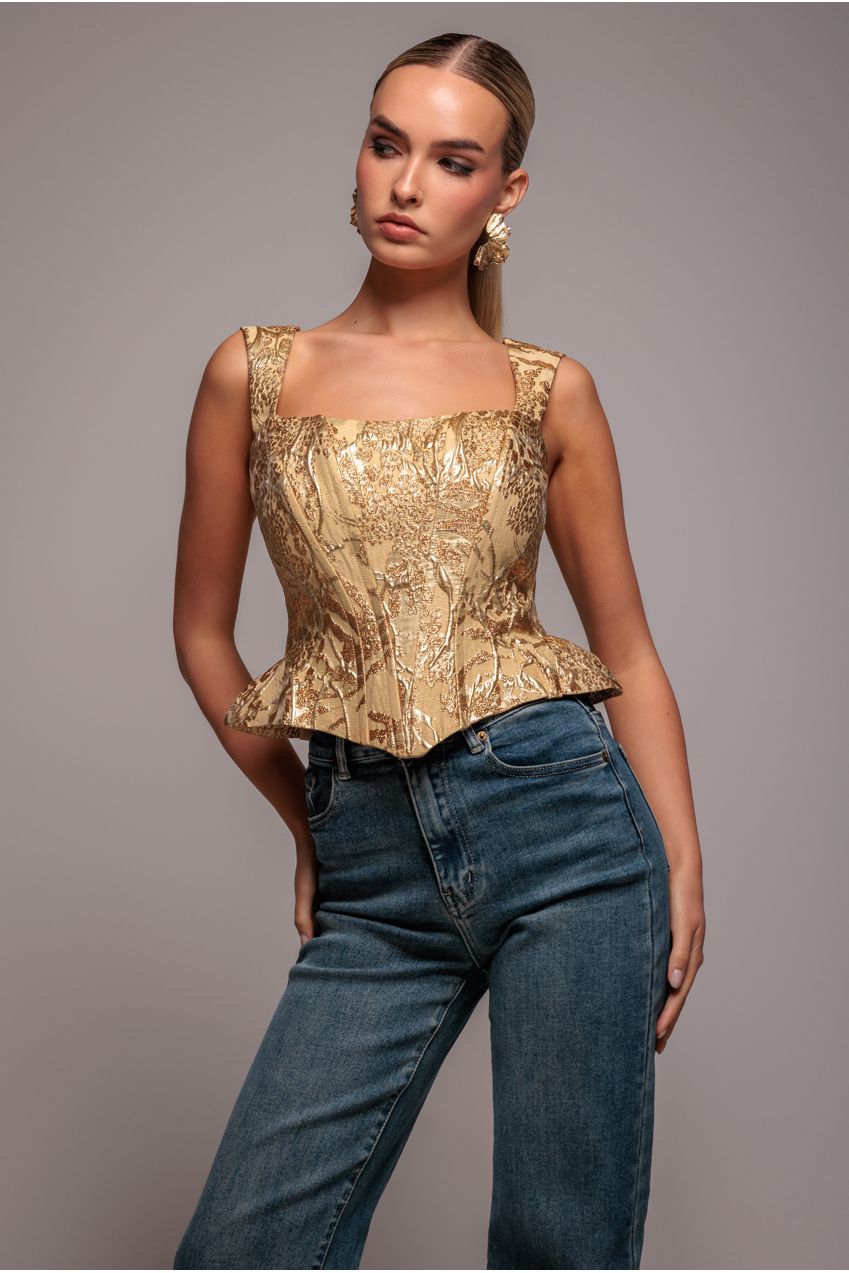 Goddiva Sleeveless Jacquard Lace Up Back Corset - Gold