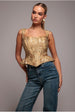 Goddiva Sleeveless Jacquard Lace Up Back Corset - Gold