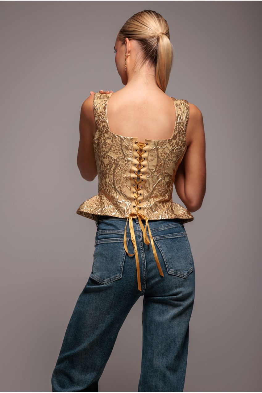 Goddiva Sleeveless Jacquard Lace Up Back Corset - Gold