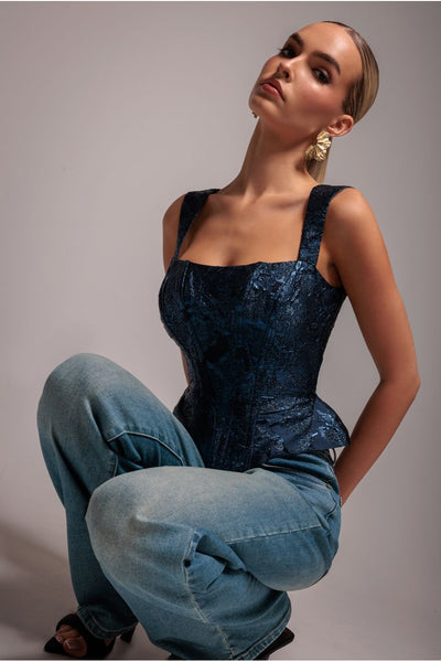 NavyBlue - Goddiva Sleeveless Jacquard Lace Up Back Corset - Navy Blue