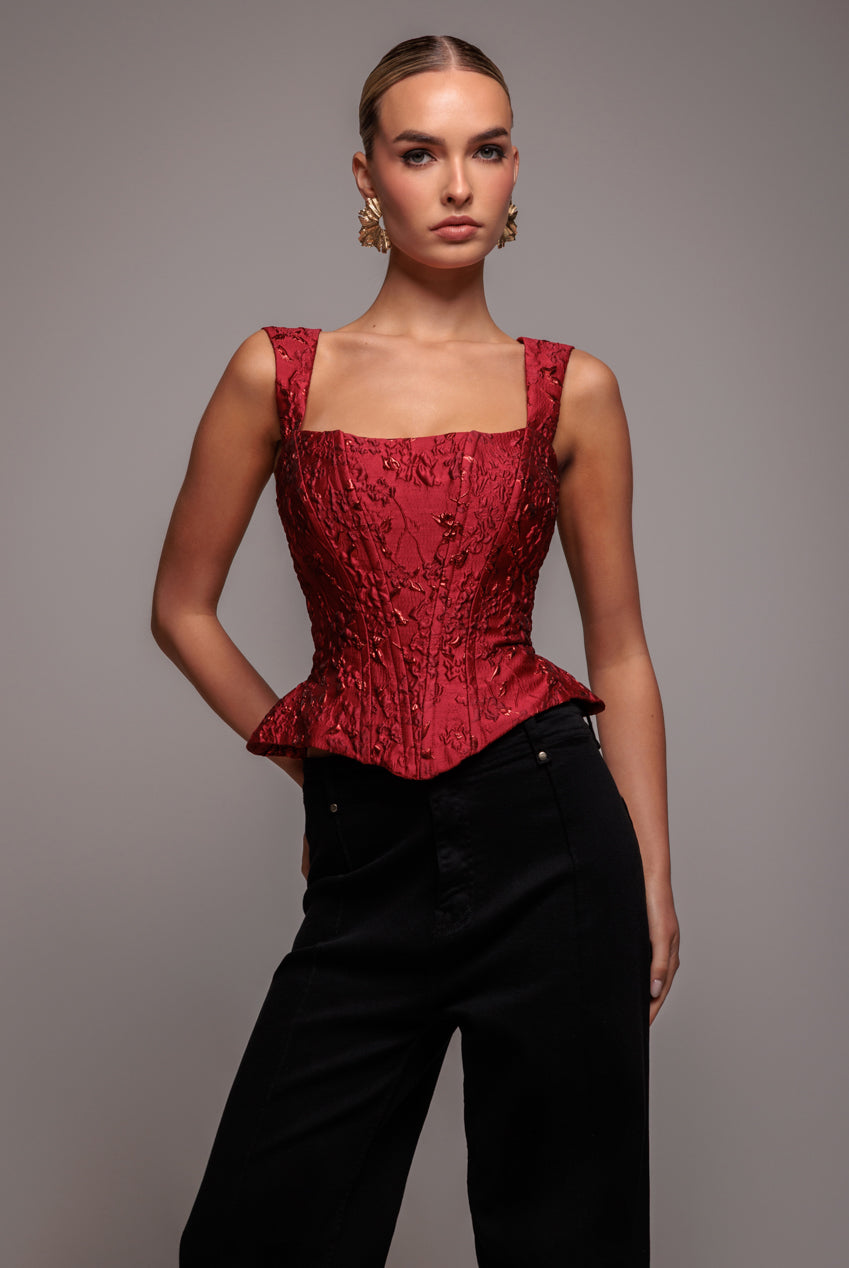 Goddiva Sleeveless Jacquard Lace Up Back Corset - Red