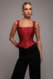Goddiva Sleeveless Jacquard Lace Up Back Corset - Red
