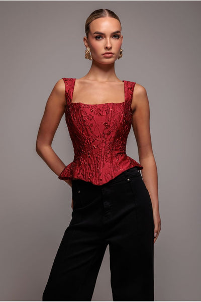Red - Goddiva Sleeveless Jacquard Lace Up Back Corset - Red
