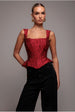 Goddiva Sleeveless Jacquard Lace Up Back Corset - Red