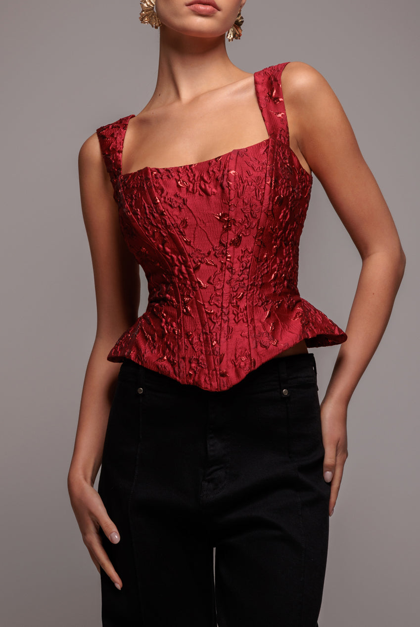 Goddiva Sleeveless Jacquard Lace Up Back Corset - Red