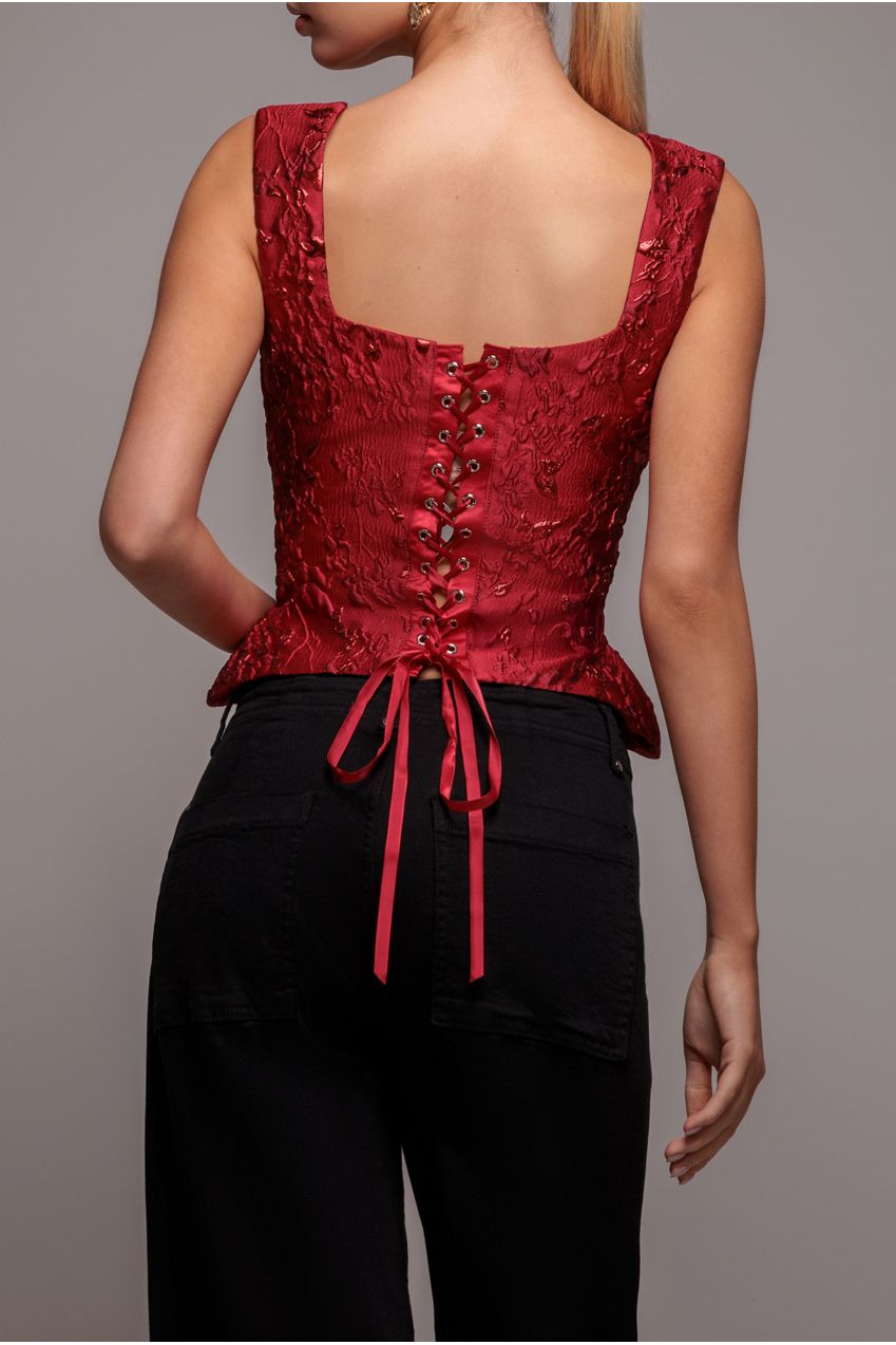 Goddiva Sleeveless Jacquard Lace Up Back Corset - Red