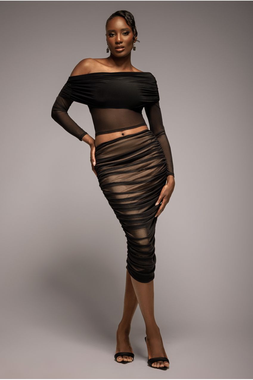 Goddiva Gathered Side Mesh Midi Skirt - Black