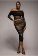 Goddiva Gathered Side Mesh Midi Skirt - Black
