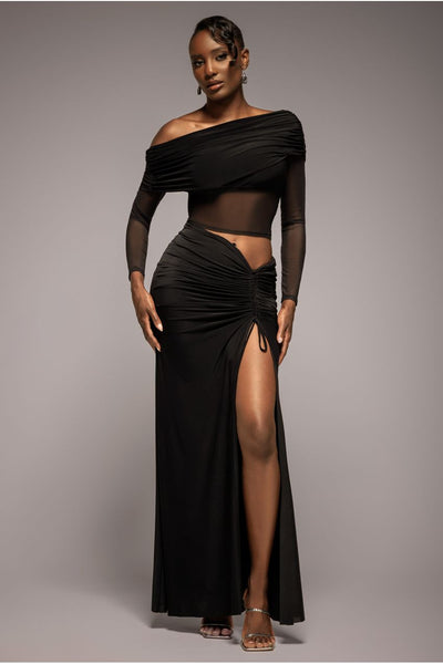 Black - Goddiva Super Split Front Drawstring Maxi Skirt - Black