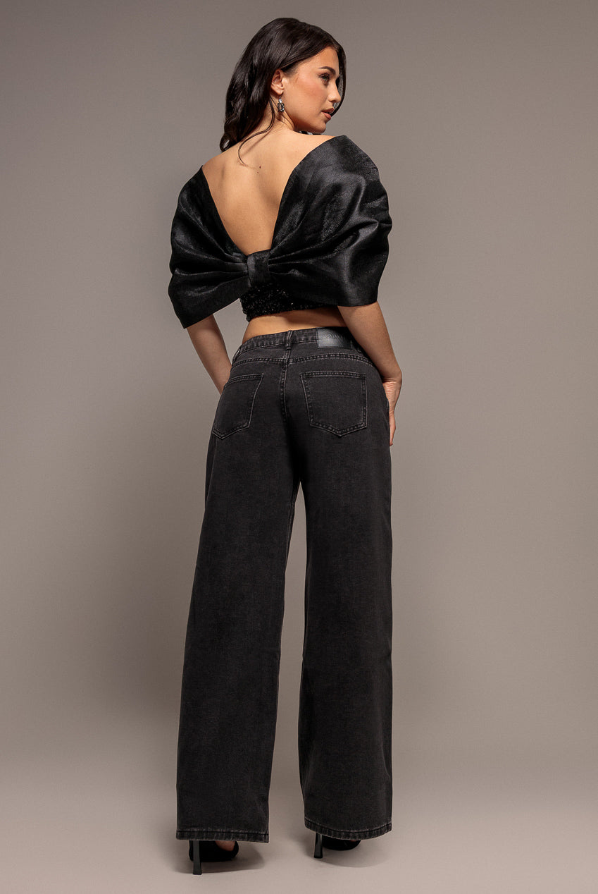 Goddiva Off Shoulder Corset Top With Back Satin Bow - Black