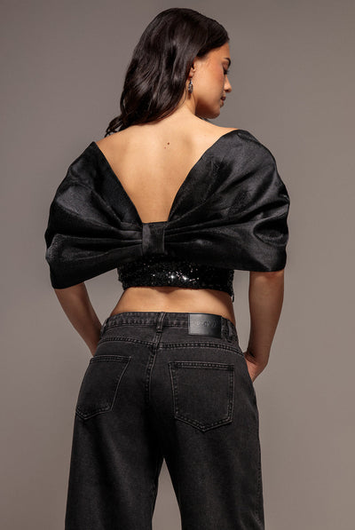 Black - Goddiva Off Shoulder Corset Top With Back Satin Bow - Black