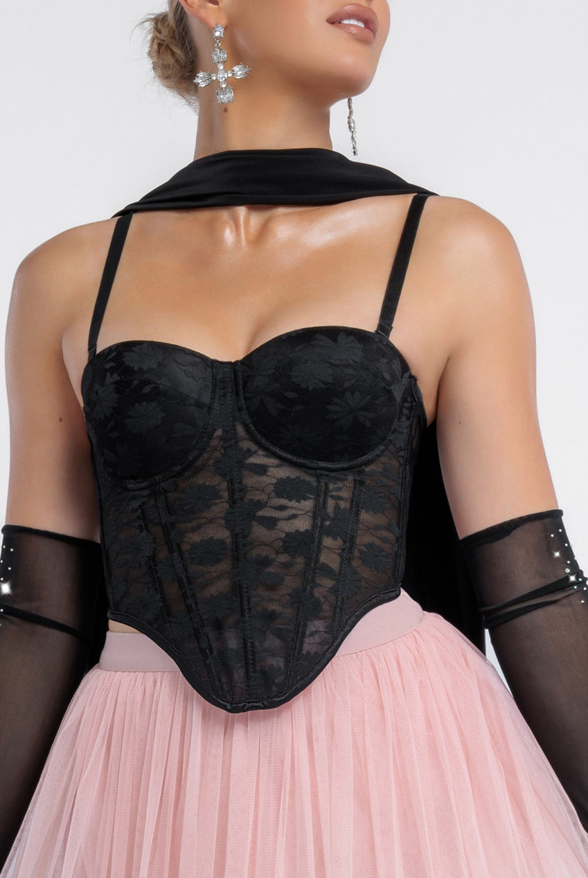 Goddiva Textured Floral Mesh Corset Tulle Gathered Midaxi Skirt Jersey Scarf & Diamante Embellished Mesh Gloves