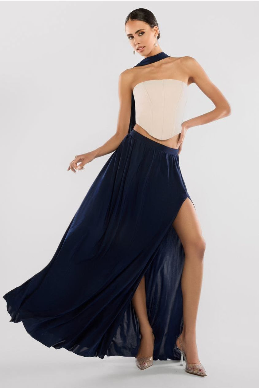 Goddiva Compact Crepe Lace Up Corset With Side Split Jersey Maxi Skirt & Scarf - Beige & Navy Blue