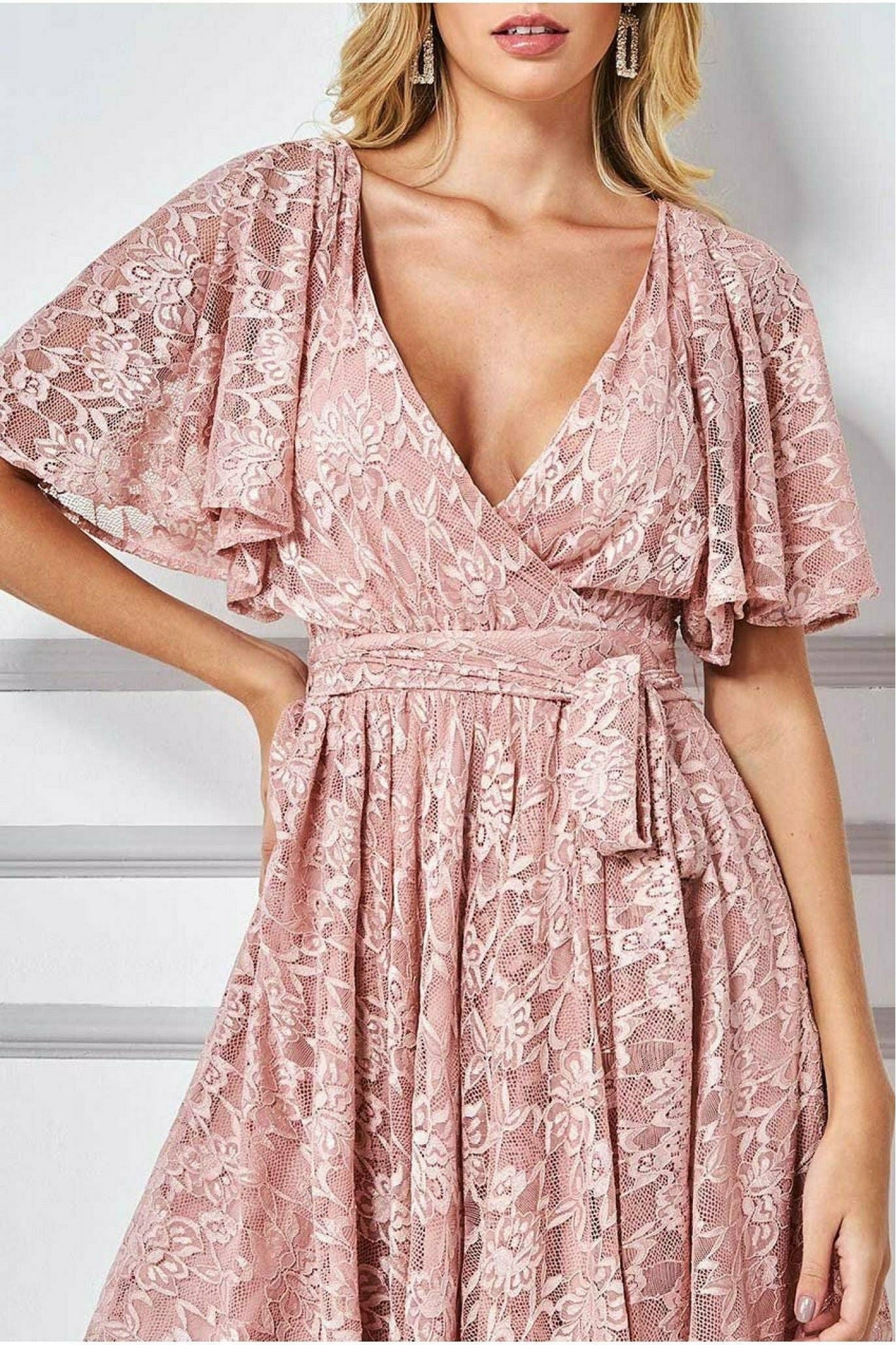 Goddiva Lace Kimono Wrap Skater Mini Dress - Blush