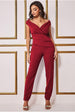 Goddiva Scuba Crepe Wrap Bardot Romper - Wine