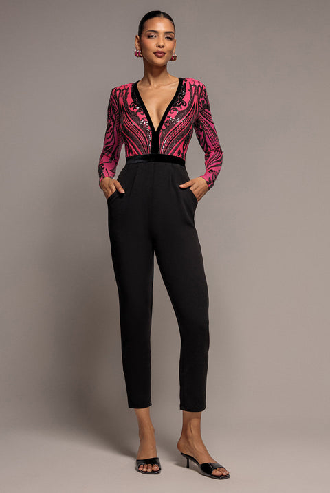 Goddiva Deep V Neck Sequin Embroidered Romper - Cerise