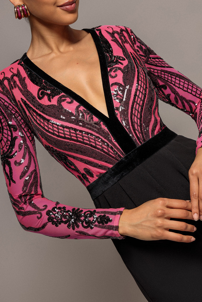 Goddiva Deep V Neck Sequin Embroidered Romper - Cerise
