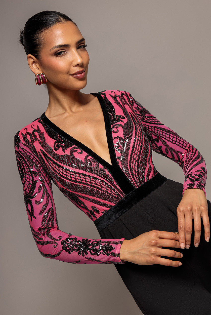 Goddiva Deep V Neck Sequin Embroidered Romper - Cerise