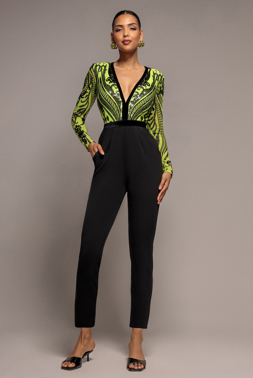 Goddiva Deep V Neck Sequin Embroidered Romper - Lime