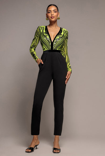 Lime - Goddiva Deep V Neck Sequin Embroidered Romper - Lime
