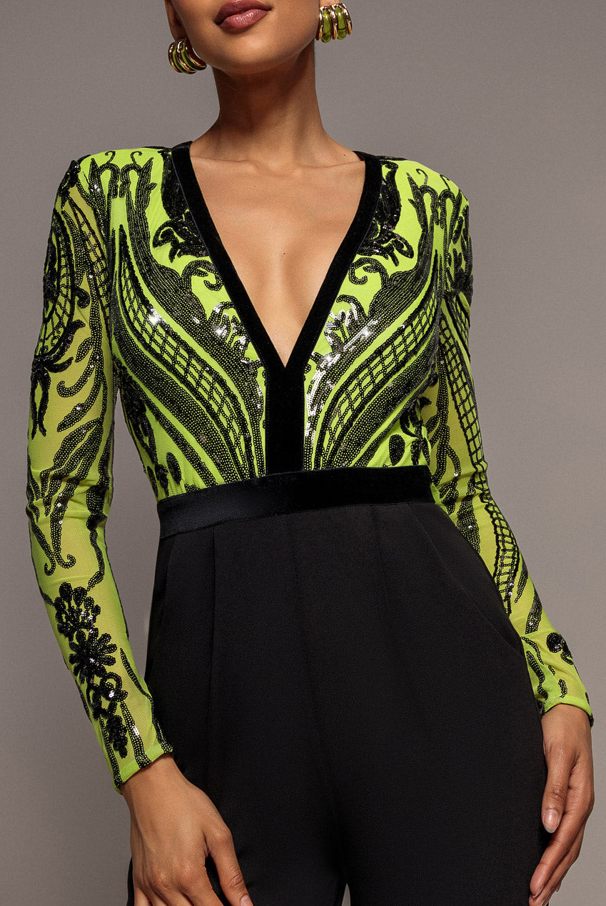 Goddiva Deep V Neck Sequin Embroidered Romper - Lime