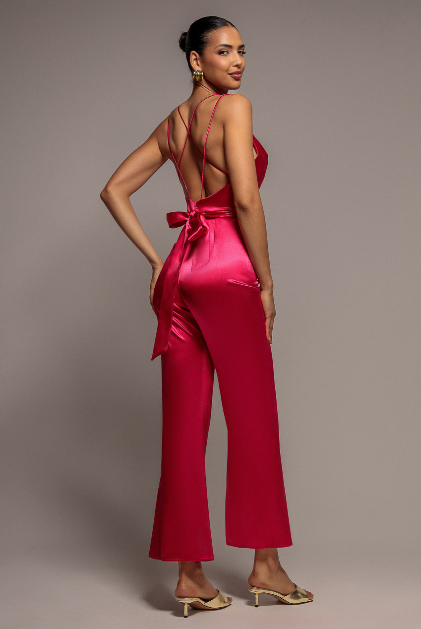 Goddiva Satin Cowl Neck Romper - Cerise