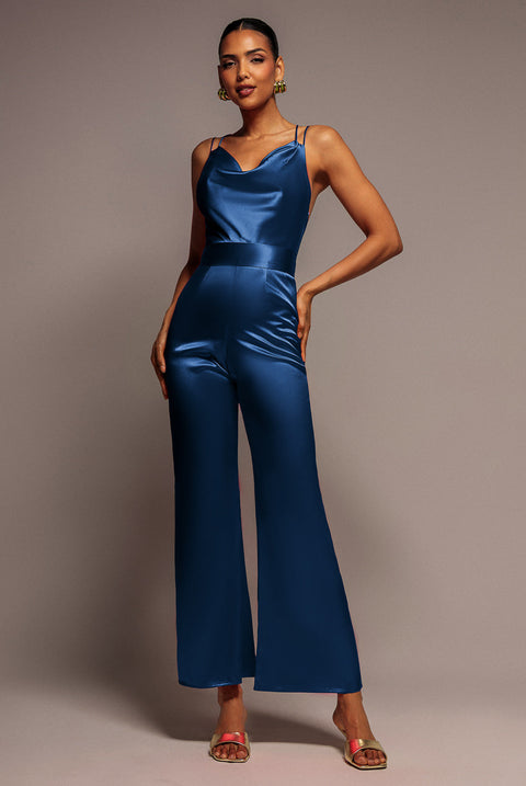 Goddiva Satin Cowl Neck Romper - Navy Blue
