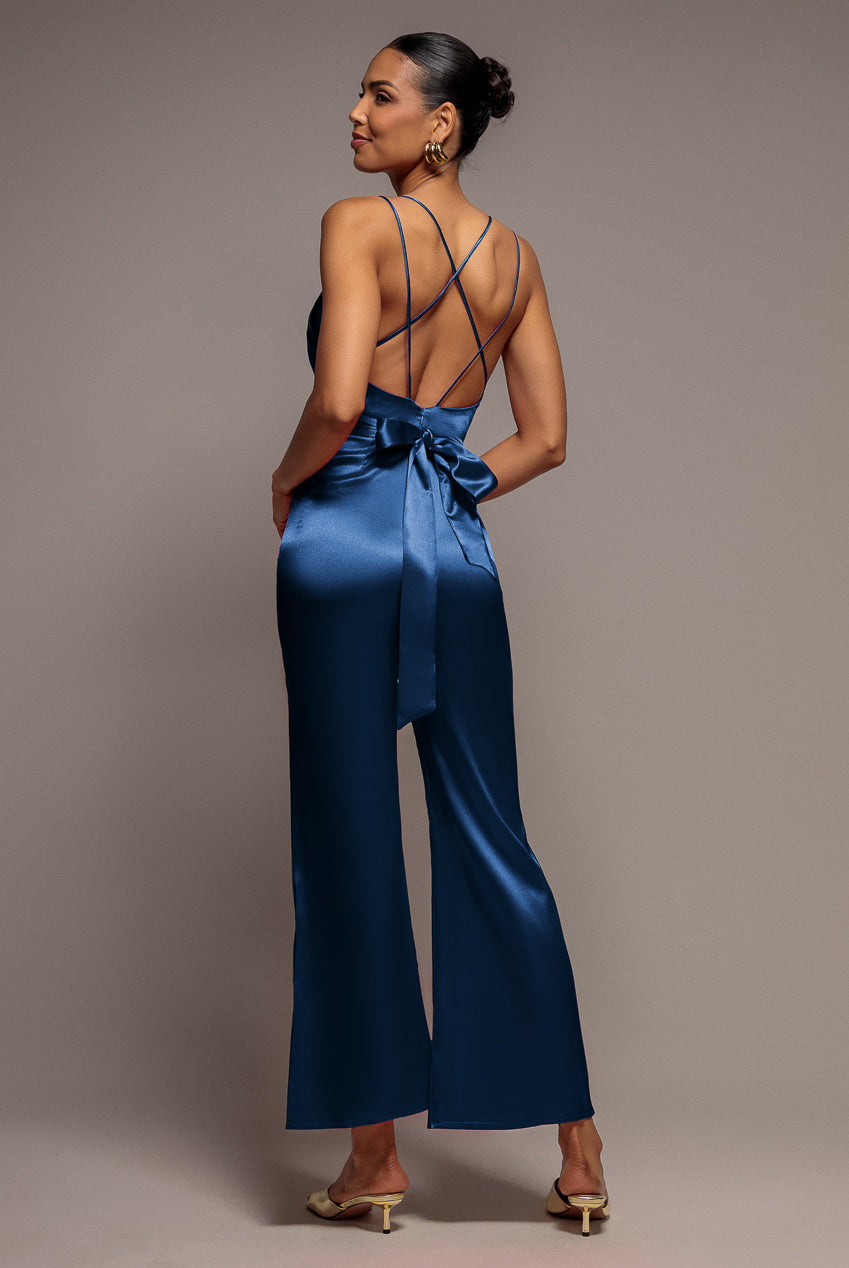 Goddiva Satin Cowl Neck Romper - Navy Blue