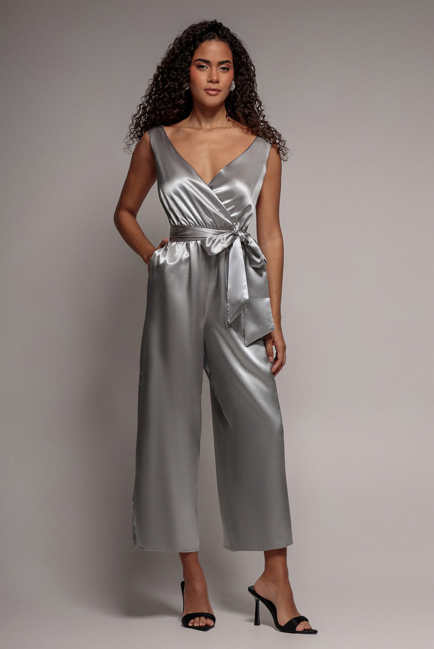 Goddiva Satin Culotte Romper - Silver