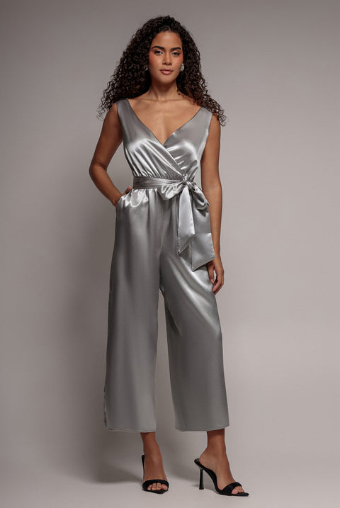 Goddiva Satin Culotte Romper - Silver