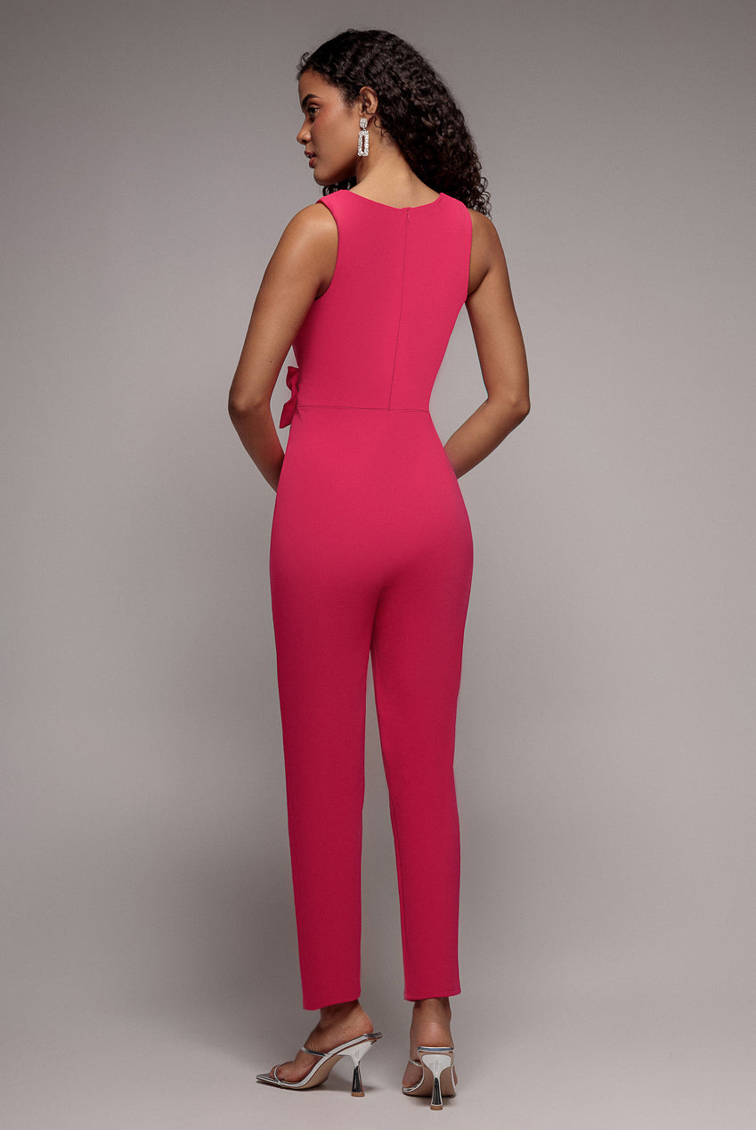 Goddiva Buckle Plunge Bow Detail Romper - Cerise