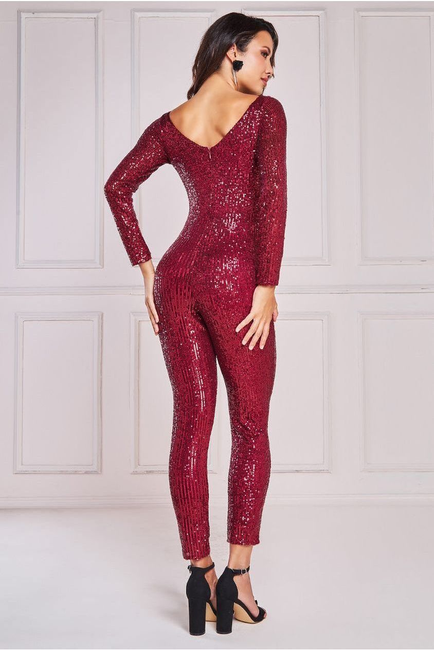 Goddiva Stripe Sequin Romper - Wine