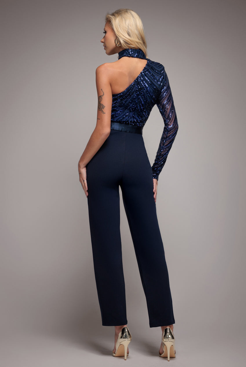 Goddiva One Shoulder Sequin Romper - Navy