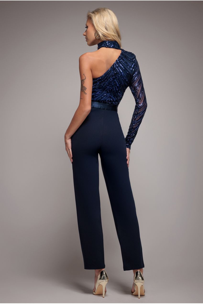 Goddiva One Shoulder Sequin Romper - Navy