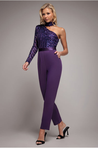 Purple - Goddiva One Shoulder Sequin Romper - Purple
