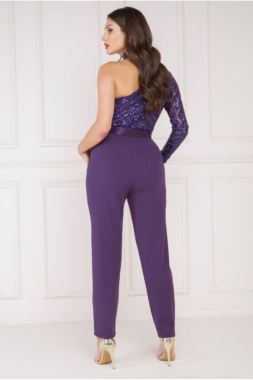 Goddiva One Shoulder Sequin Romper - Purple