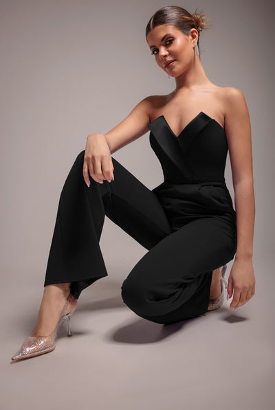 Goddiva Satin Collar Scuba Romper - Black
