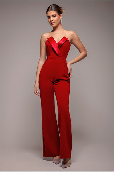 Red - Goddiva Satin Collar Scuba Romper - Red