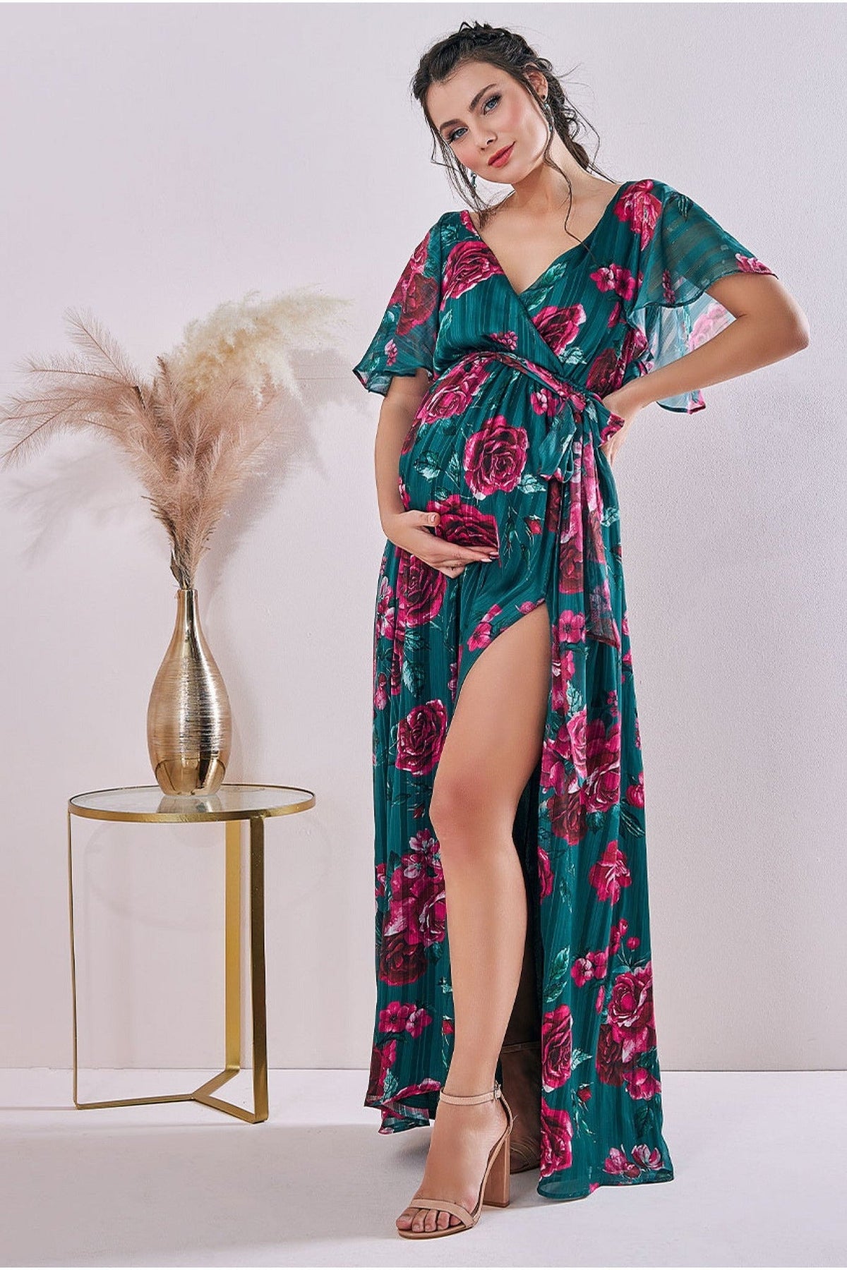 Goddiva Maternity Flutter Sleeve Floral Wrap Maxi  Emerald