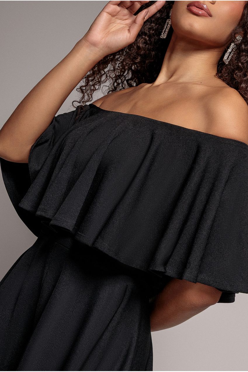 Goddiva Off The Shoulder Frill Neck Skater Romper - Black