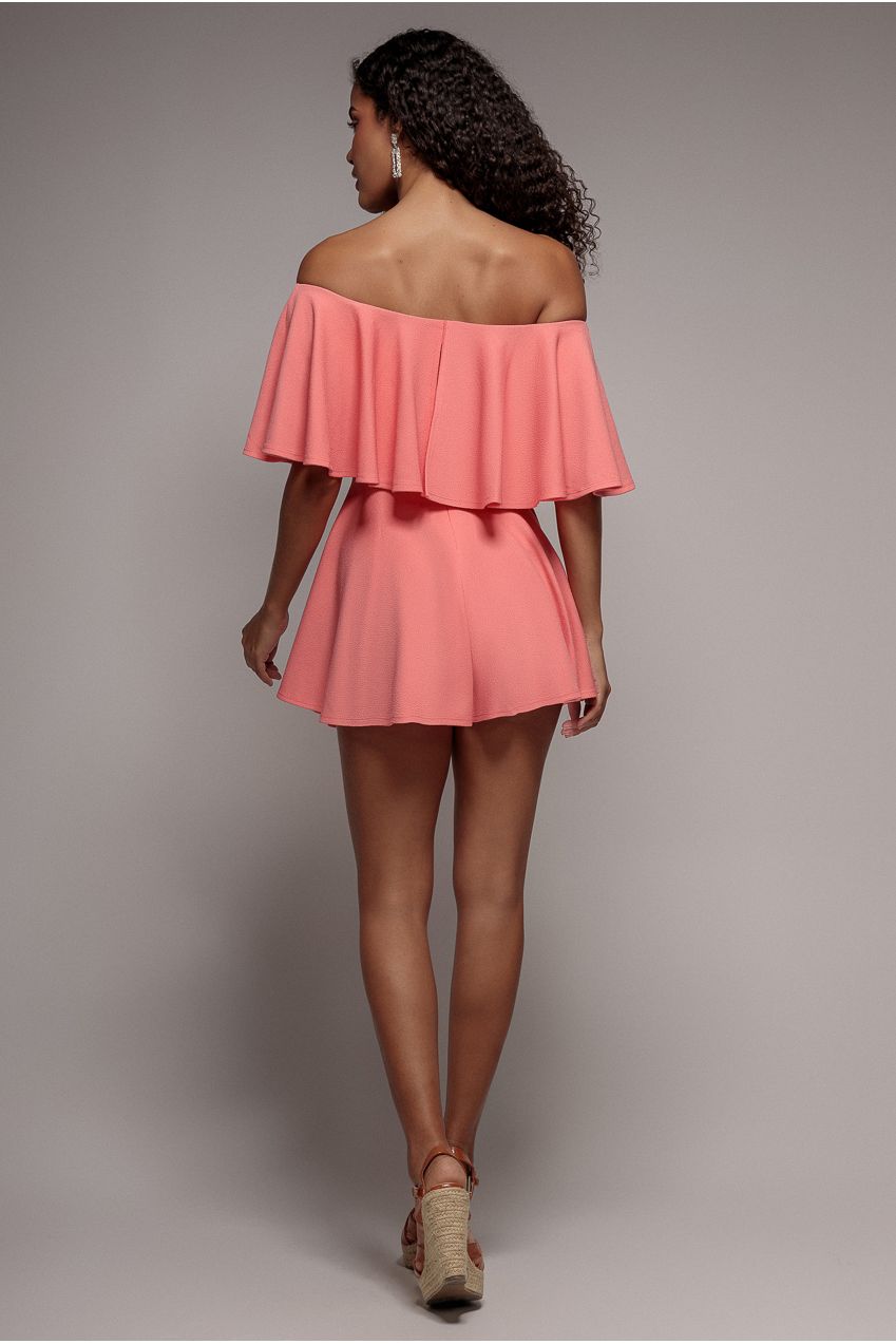 Goddiva Off The Shoulder Frill Neck Skater Romper - Coral