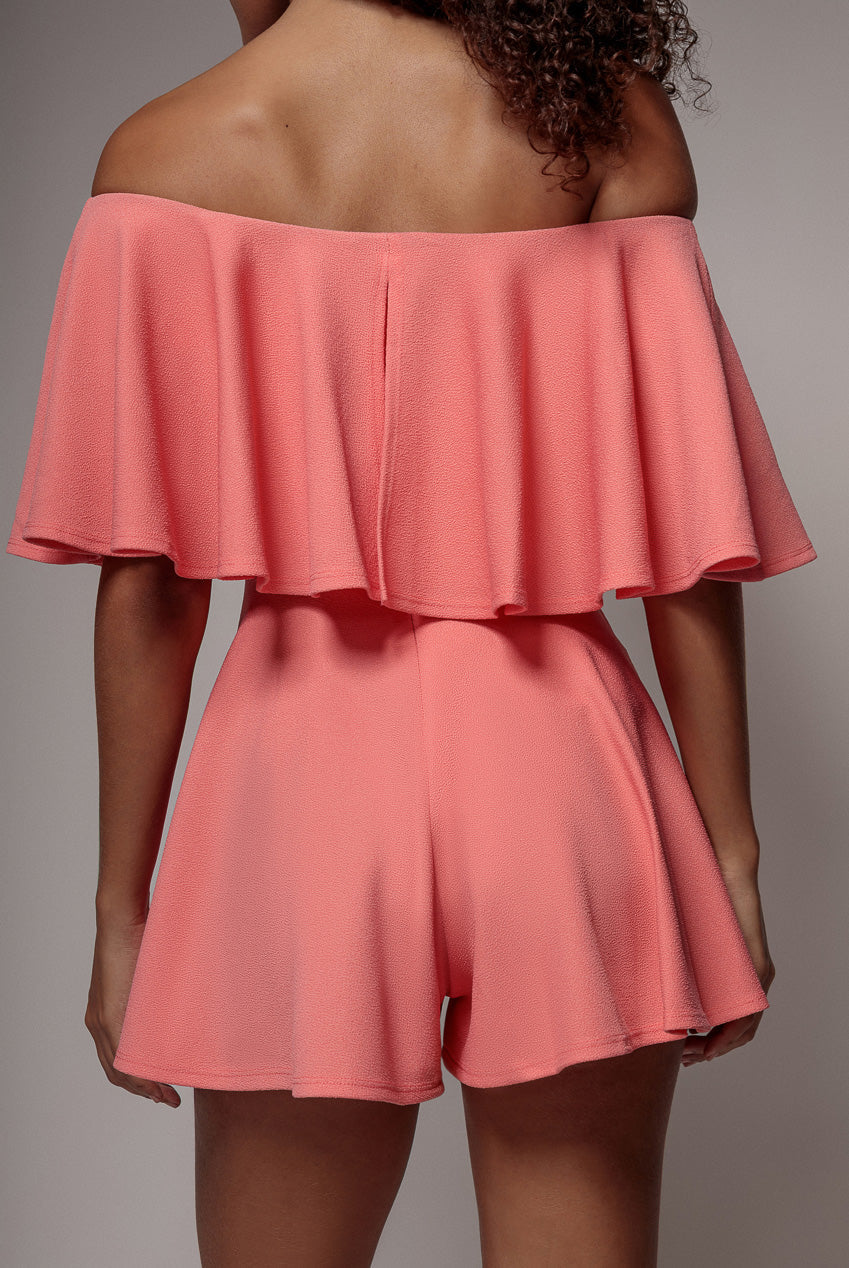Goddiva Off The Shoulder Frill Neck Skater Romper - Coral