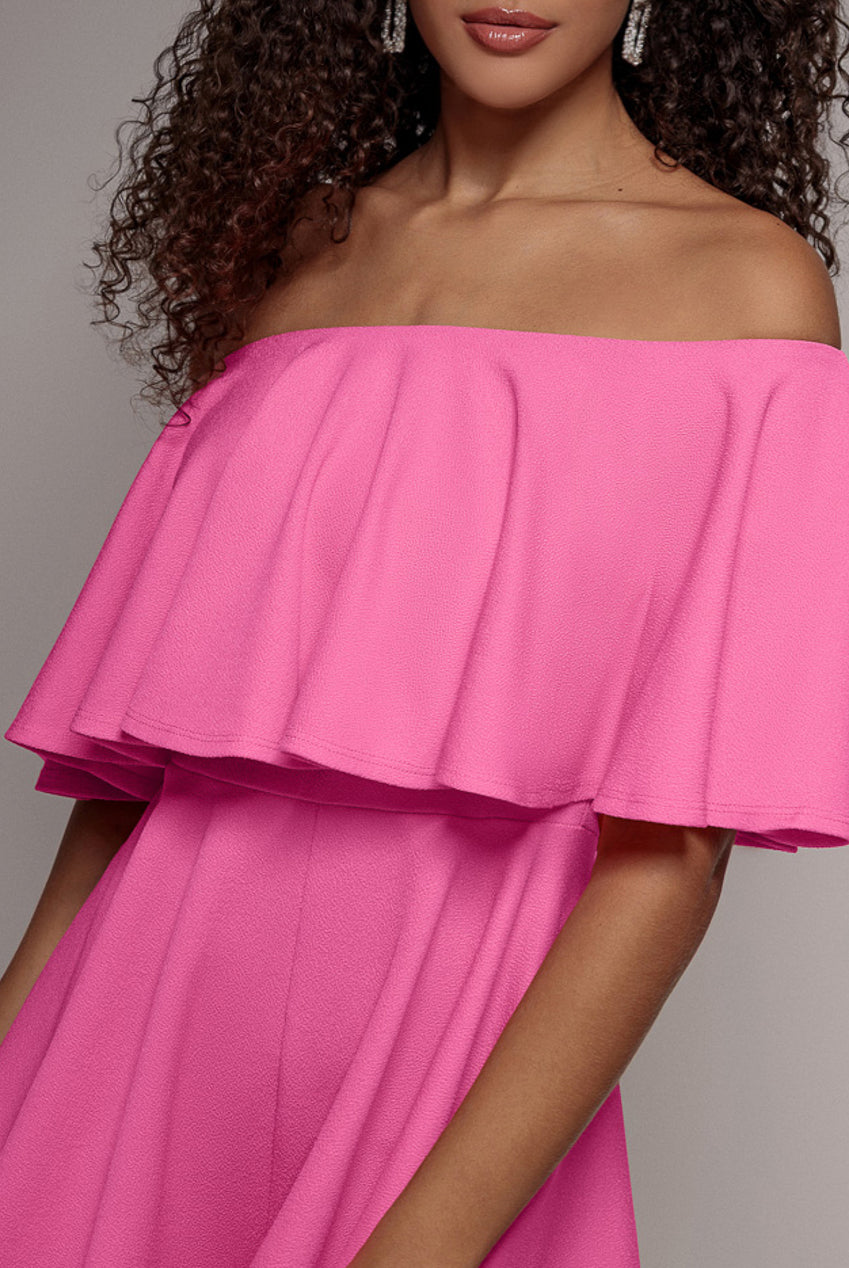 Goddiva Off The Shoulder Frill Neck Skater Romper - Cerise