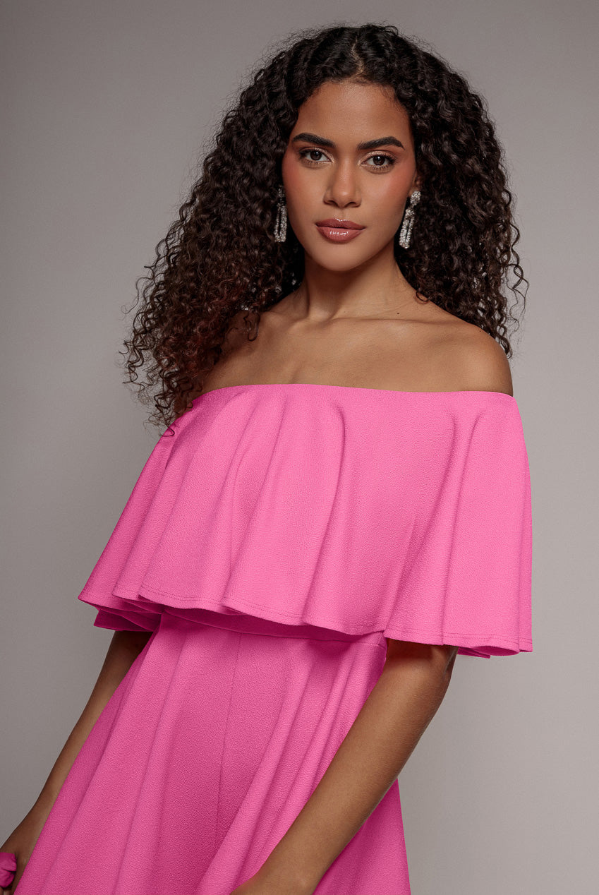 Goddiva Off The Shoulder Frill Neck Skater Romper - Cerise