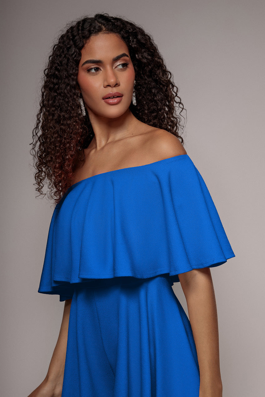 Goddiva Off The Shoulder Frill Neck Skater Romper - Royal Blue